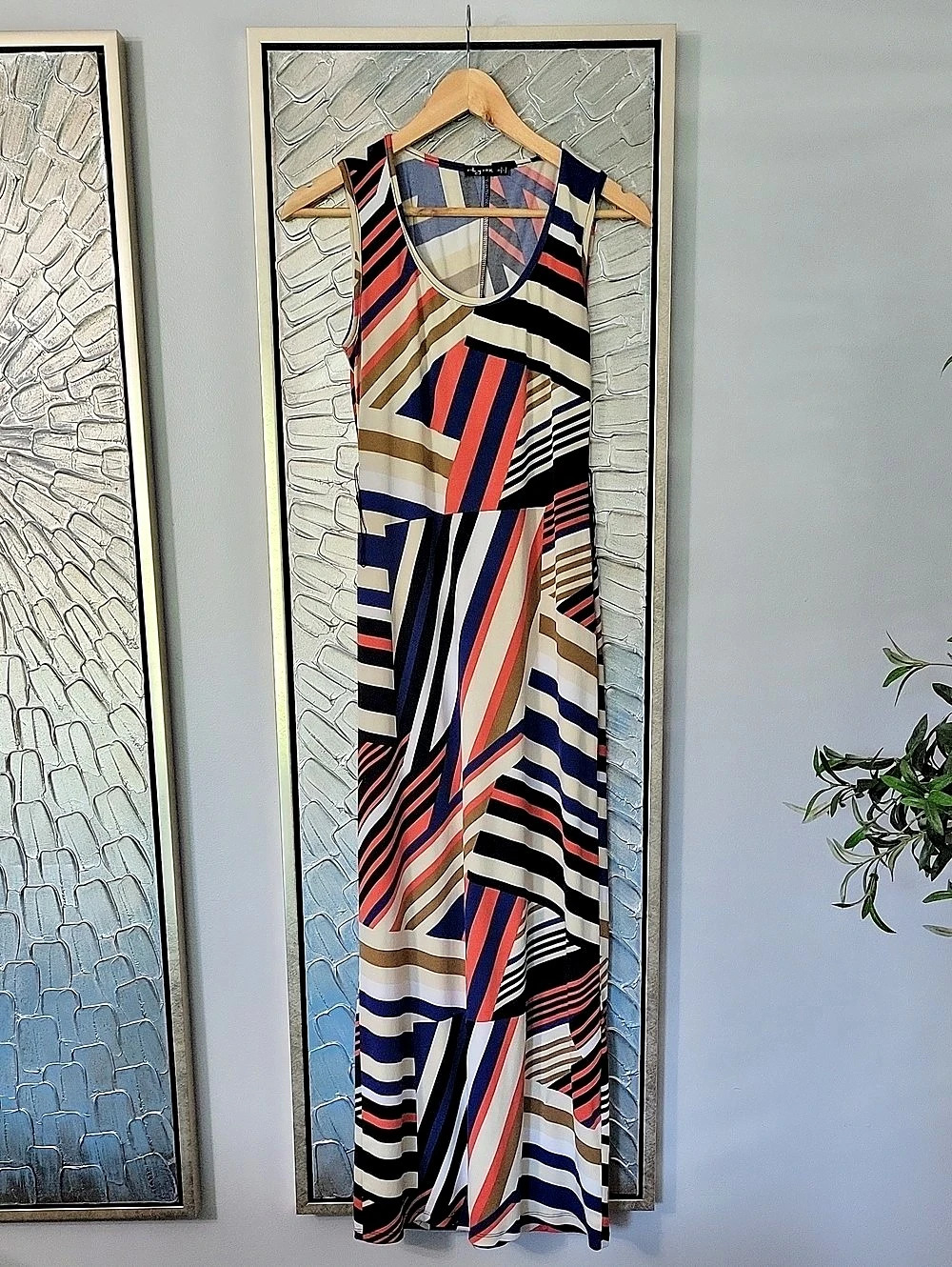 Geometric Maxi Dress in Black, Orange, Blue, White, Brown and, Tan Like New
